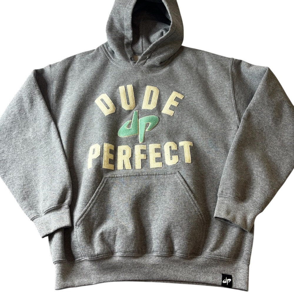 Dude Perfect Hoodie Mens Medium Gray Pullover Sweatshirt DP Logo Casual
